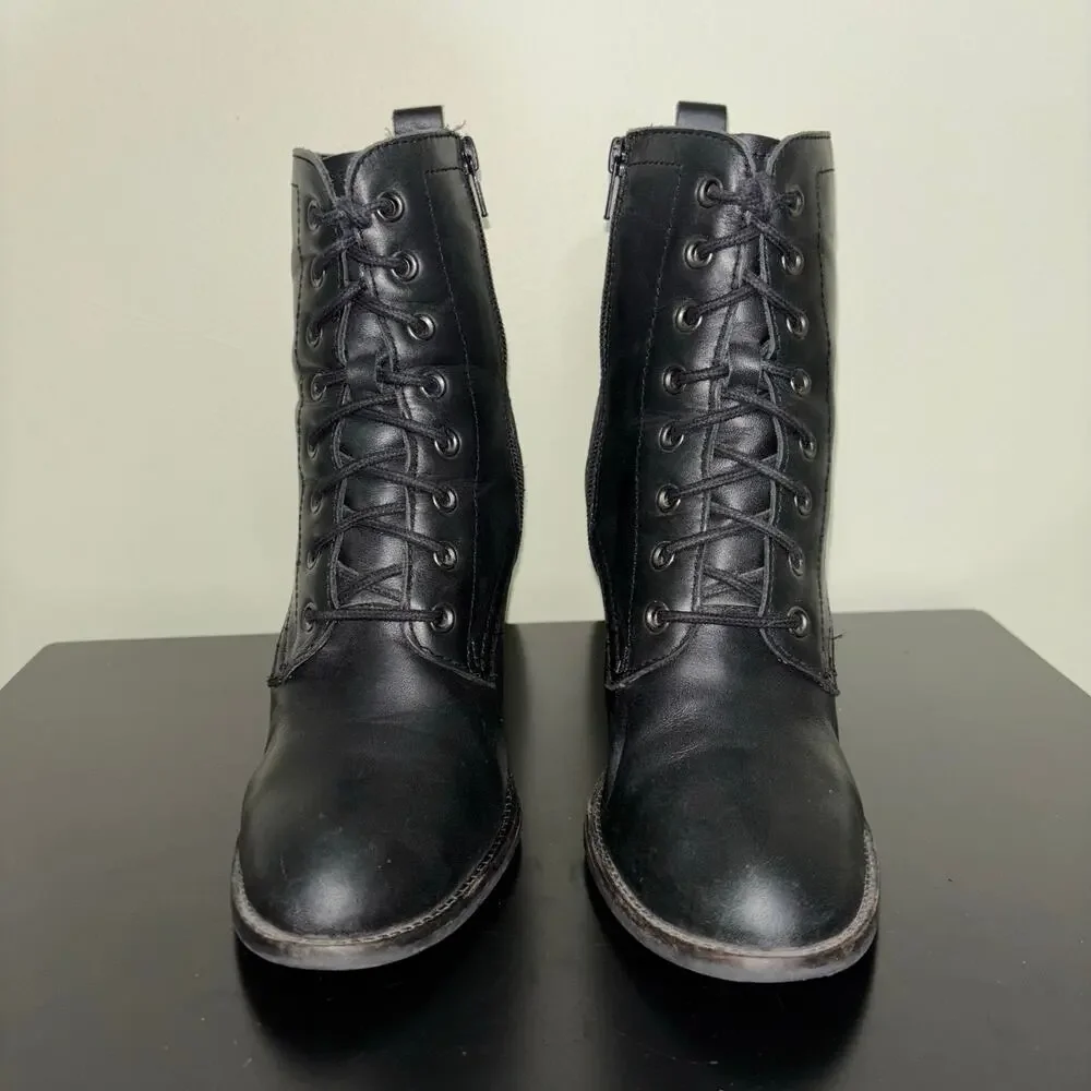 Steve Madden Lace-Up Block Heel Boots Black Leather Side Zip Combat Size 10 - Picture 3 of 8
